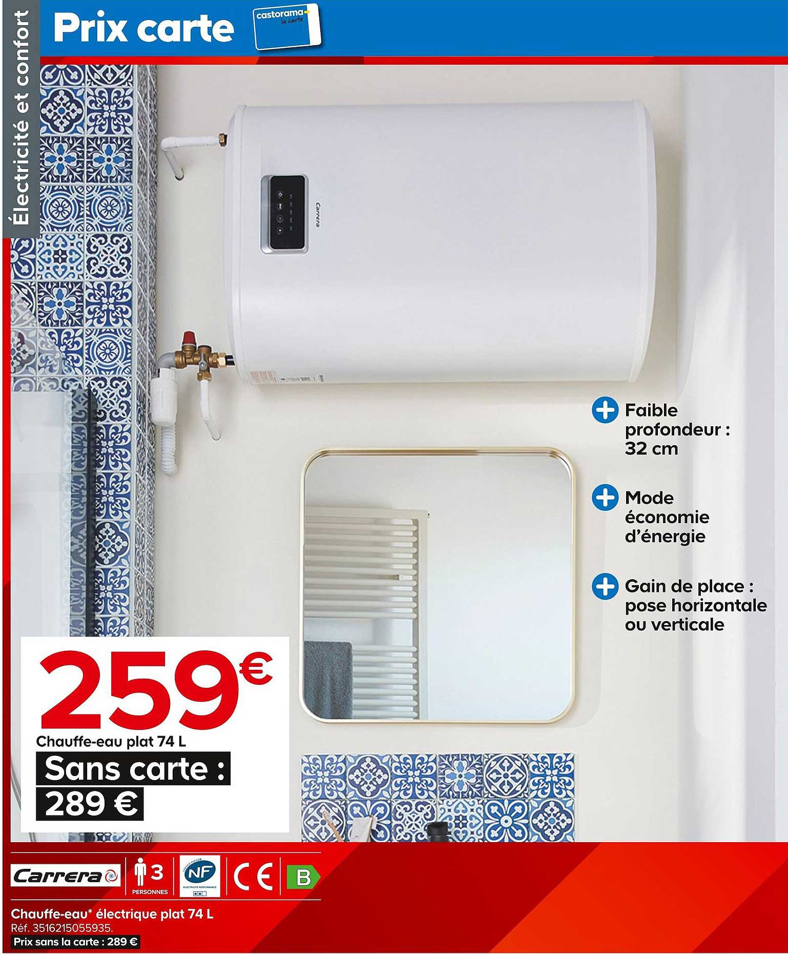 chauffe-eau électrique plat 74 l carrera