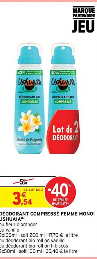 déodorant compressé femme monoï ushuaïa ou fleur d'oranger ou vanille ou déodorant bio roll on vanille ou déodorant bio roll on hibiscus