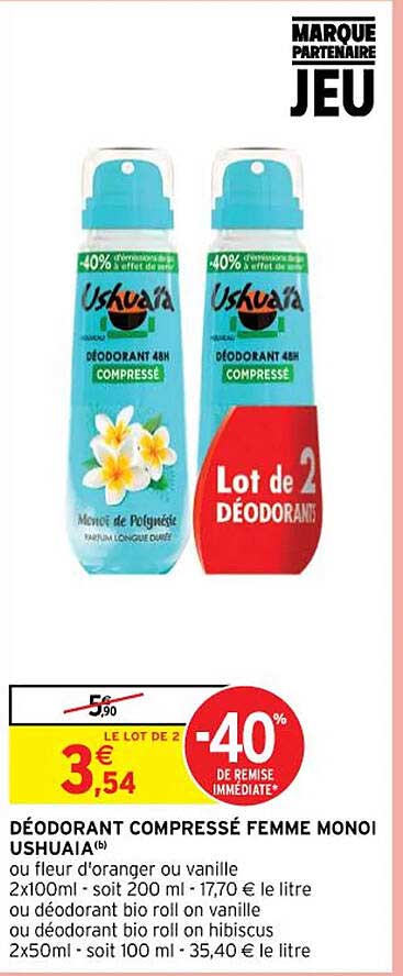 déodorant compressé femme monoï ushuaïa ou fleur d'oranger ou vanille ou déodorant bio roll on vanille ou déodorant bio roll on hibiscus