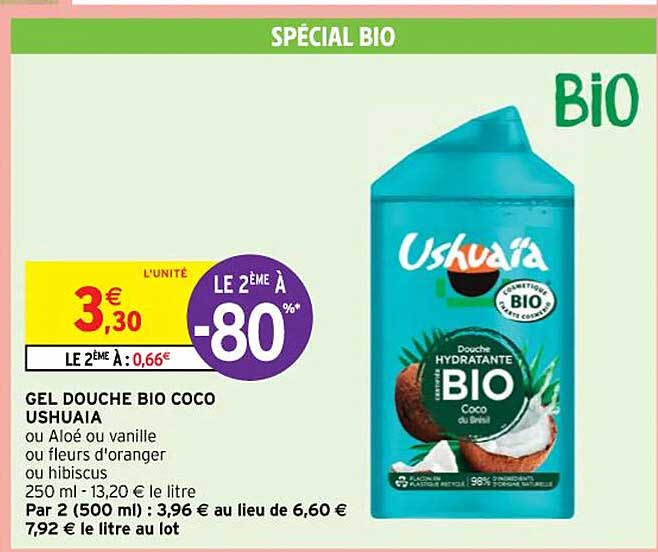 gel douche bio coco ushuaïa ou aloé ou vanille ou fleures d'oranger ou hibiscus