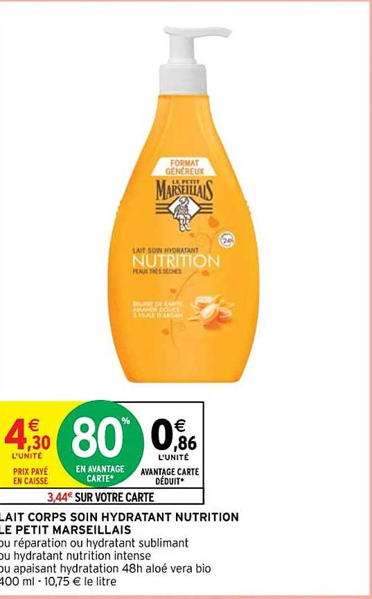 Lait Corps Soin Hydratant Nutrition Le Petit Marseillais Ou Réparation Ou Hydratant Sublimant Ou Hydratant Nutrition Intense Ou Apaisant Hdyratation 48 H Aloé Vera Bio