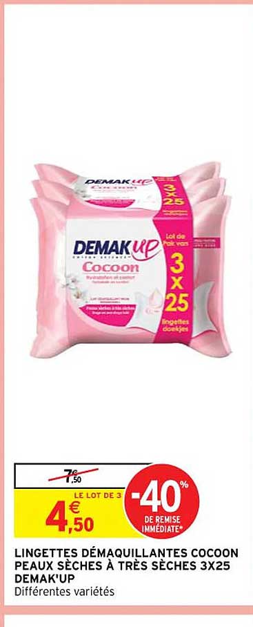 lingettes démaquillantes cocoon peaux sèches à très sèches 3 x 25 damak'up