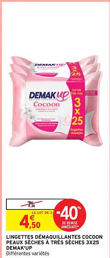 lingettes démaquillantes cocoon peaux sèches à très sèches 3 x 25 demak'up