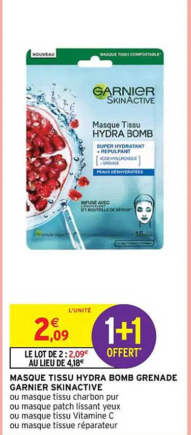 masque tissu hydra bomb grenade garnier skinactive ou masque tissu charbon pur ou masque patch lissant yeux ou masque tissu vitamine c ou masque tissue réparateur