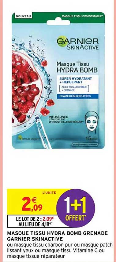 Masque Tissu Hydra Bomb Grenade Garnier Skinactive Ou Masque Tissue Charbon Pur Ou Masque Patch Lissant Yeux Ou Masque Tissu Vitamine C Ou Masque Tissue Réparateur