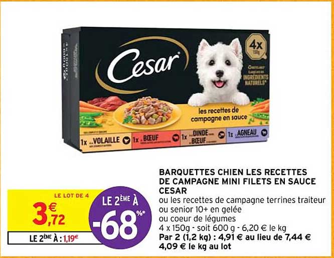 barquettes chien les recettes de campagne mini filets en sauce cesar ou les recettes de campagne terrines traiteur ou senior 10+ en gelée ou cœur de légumes