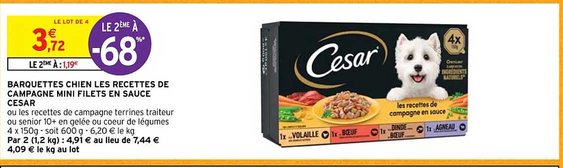 barquettes chien les recettes de campagne mini filets en sauce césar ou les recettes de campagne terrines traiteur ou senior 10+ en gelée ou cœur de légumes