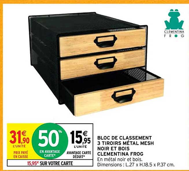 bloc de classement 3 toiroirs métal mesh noir et bois clementina frog