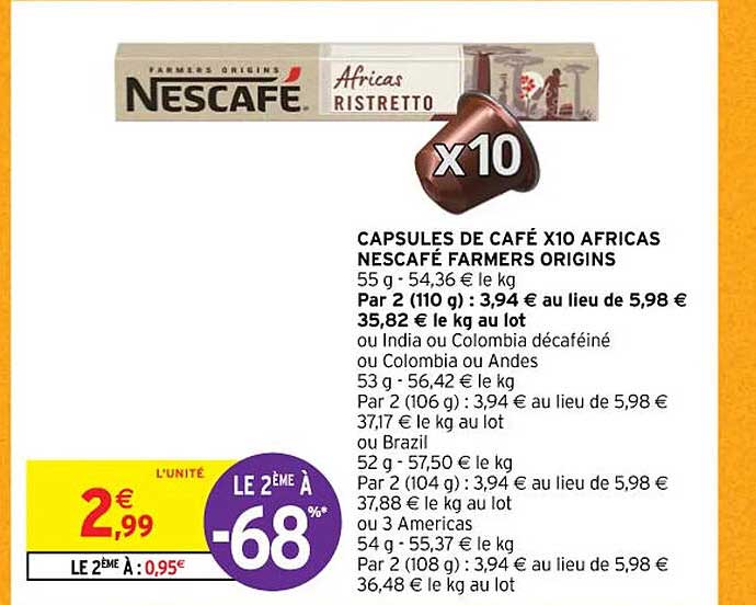 capsules de café x 10 africas nescafé farmers origns ou india ou colombia décaféiné ou colombia ou andes ou brazil ou 3 americas