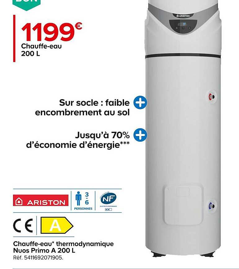 chauffe-eau thermodynamique nuos primo a 200 l ariston