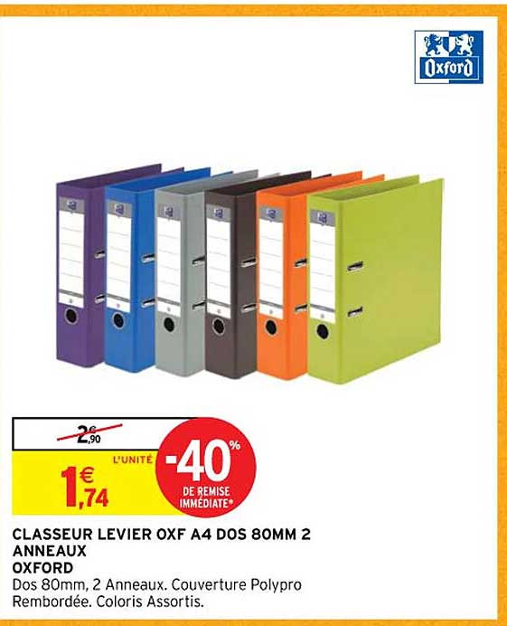 classeur levier oxf a4 dos 80mm 2 anneaux oxford