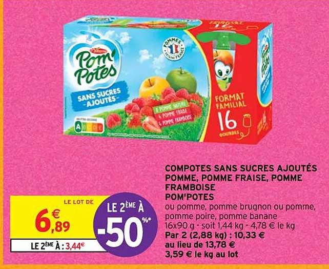 Compotes Sans Sucres Ajoutés Pomme, Pomme Fraise, Pomme Framboise Pom'potes Ou Pomme, Pomme Brugnon Ou Pomme, Pomme Poire, Pomme Banane