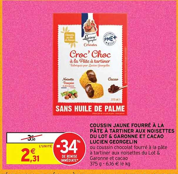 coussin jaune fourré à la pâte à tartiner aux noisettes du lot & garonne et cacao lucien georgelin ou coussin chocolat fourré à la pâte à tartiner aux noisettes du lot & garonne et cacao