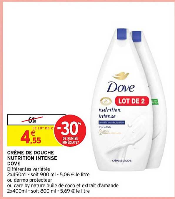 crème de douche nutrition intense doce ou dermo protecteur ou care by nature huile de coco et extrait d'amande