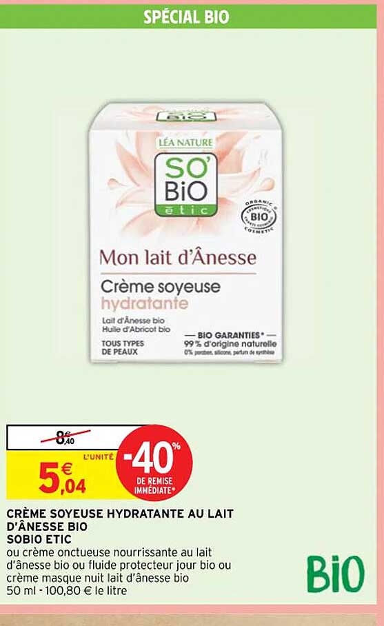 crème soyeuse hydratante au lait d'ânesse bio so'bio étic