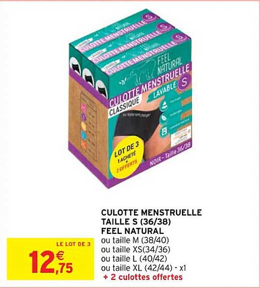 culotte menstruelle taille s (36/38) feel natural ou taille m ou taille xs ou taille l ou taille xl