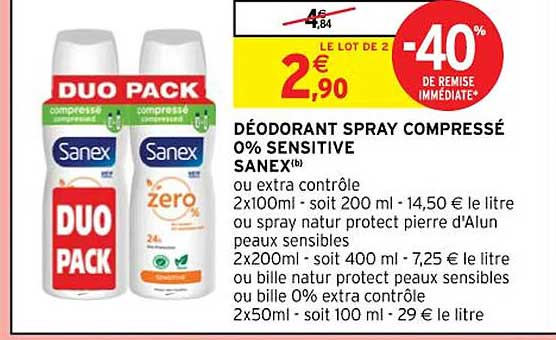 déodorant spray compressé 0% sensitive sanex ou extra contrôle ou spray natur protect pierre d'alun peaux sensibles ou bille natur protect peaux sensibles ou bille 0% extra contrôle