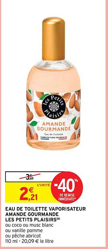 eau de toilette vaporisateur amande gourmande les petits plaisirs ou coco ou musc blanc ou vanille pomme ou pêche abricot