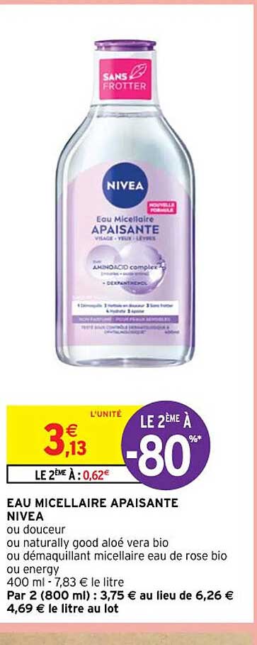 eau micellaire apaisante nivea ou douceur ou naturally good aloe vera bio ou démaquillant micellaire eau de rose bio ou energy