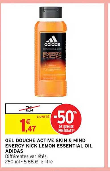 gel douche active skin & mind energy kick lemon essential oil adidas