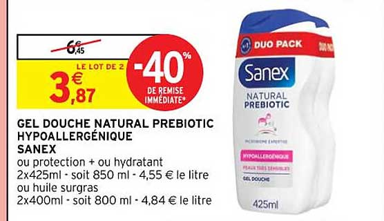 gel douche natural prébiotic hypoallergénique sanex ou protection+ ou hydratant ou huile surgras