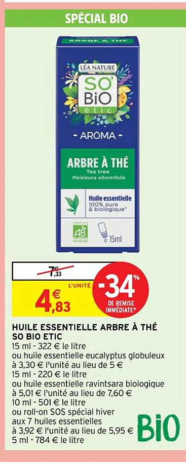 huile essentielle arbre à thé so bio étic ou huile essentielle eucalyptus globuleux ou huile essentielle ravintsara biologique ou roll-on sos spécial hiver aux 7 huiels essentielles