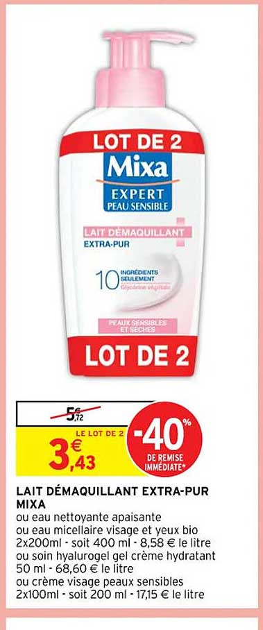 lait démaquillant extra-pur mixa ou eau nettoyante apaisante ou eau micellaire visage et yeux bio ou soin hyalurogel gel crème hydratant ou crème visage peaux sensibles