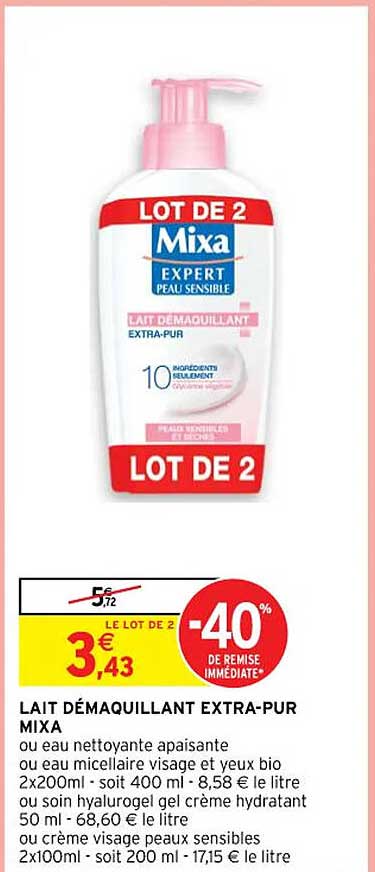 lait démaquillant extra-pur mixa ou eau nettoyante apaisante ou eau micellaire visage et yeux bio ou soin hyalurogel gel crème hydratant ou crème visage peaux sensibles