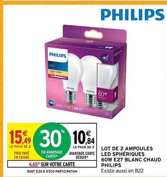 lot de 2 ampoules led sphériques 60w e27 blanc chaud philips