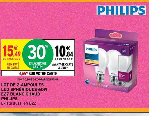 lot de 2 ampoules led sphériques 60w e27 blanc chaud philips