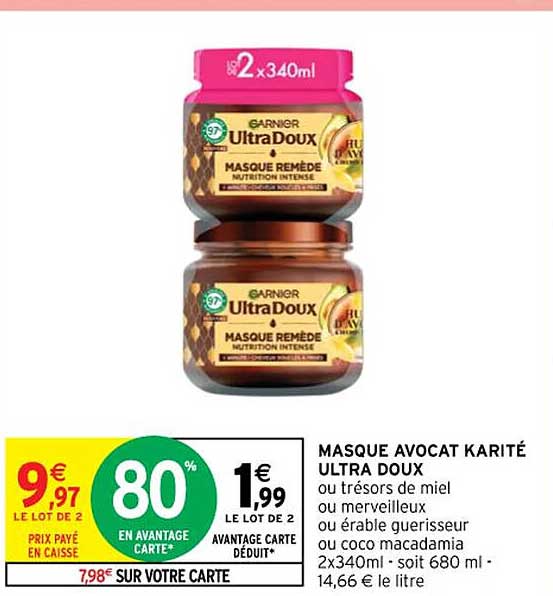 masque avocat karité ultra doux ou trésors de miel ou merveilleux ou érable guérisseur ou coco macadamia
