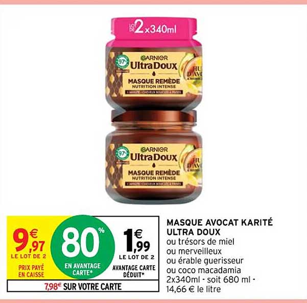 masque avocat karité ultra doux ou trésors de miel ou merveilleux ou érable guérisseur ou coco macadamia