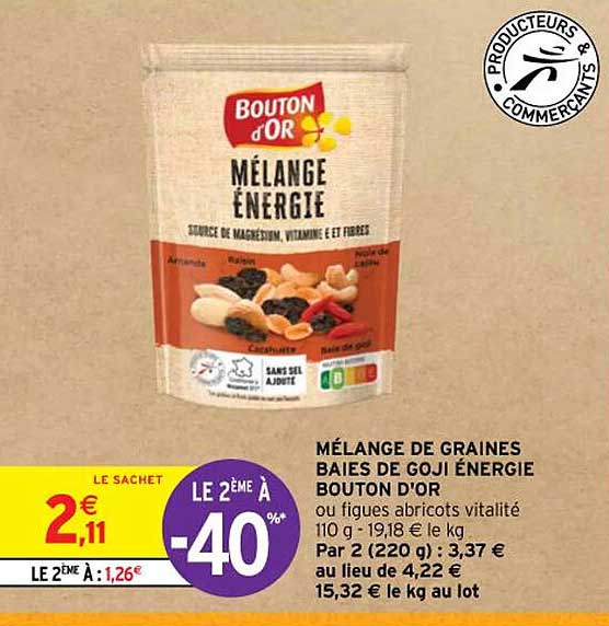 mélange de graines baies de goji énergie bouton d'or ou figues abricots vitalité