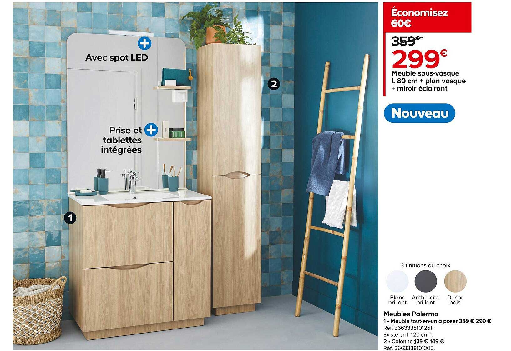 meuble sous-vasque l. 80 cm + plan vasque + miroir éclairant palermo