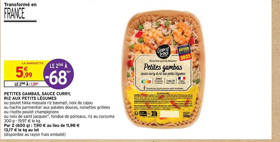 petites gambas, sauce curry, riz aux petits légumes