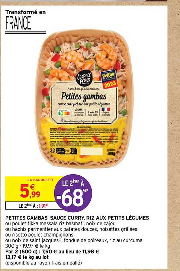 petites gambas, sauce curry, riz aux petits légumes