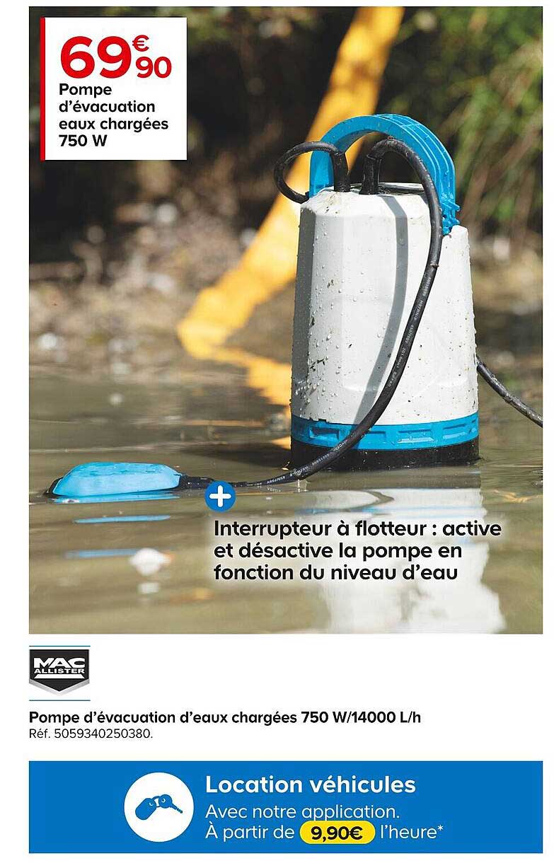 pompe d'évacuation d'eaux chargées 750 w/1400 l/h mac allister