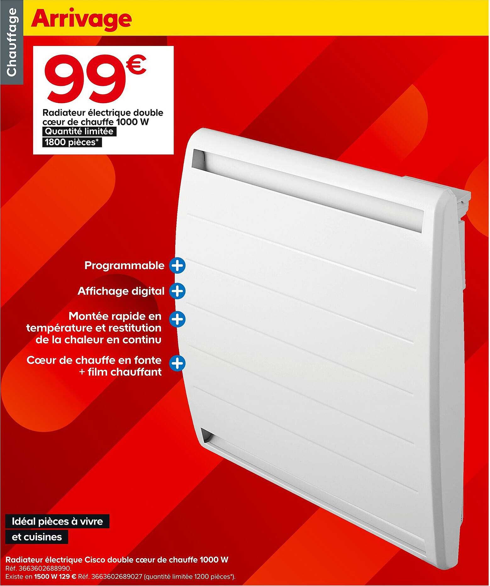 radiateur électrique cisco double coeur de chauffe 1000 w