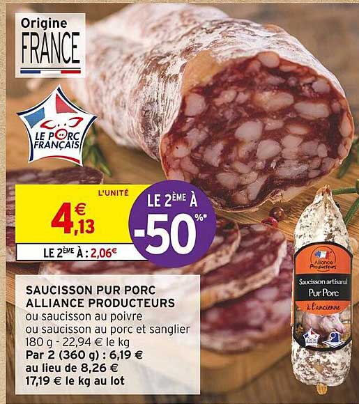 saucisson pur porc alliance producteurs ou saucisson au poivre ou saucisson au porc et sanglier