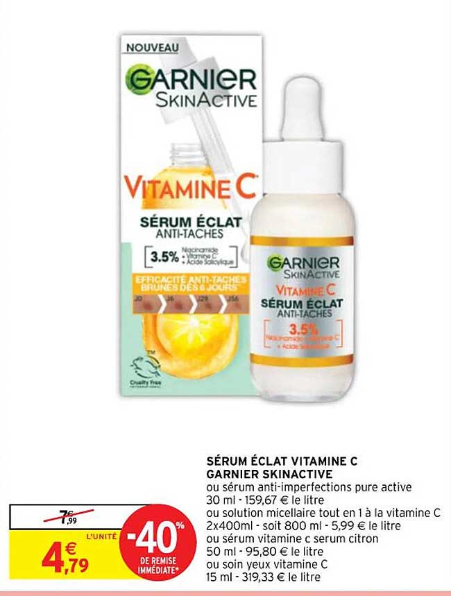 sérum éclat vitamine c garnier skinactive ou sérum anti-imperfections pure active ou solution micellaire tout en 1 à la vitamine c ou sérum vitamine c sérum citron ou soin yeux vitamine c