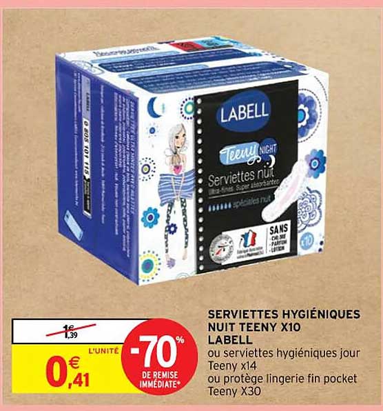 serviettes hygiéniques nuit teeny x 10 labell ou serviettes hygiéniques jour teeny x 14 ou protège lingerie fin pocket teeny x 30