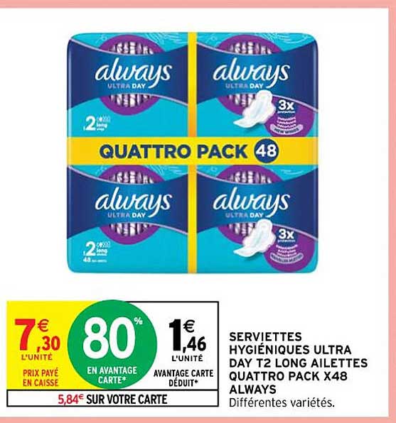serviettes hygiéniques ultra day t2 long ailettes quattro pack x 48 always