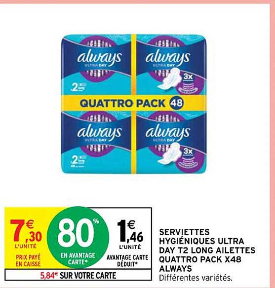 serviettes hygiéniques ultra day t2 long ailettes quattro pack x 48 always