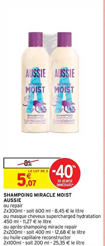 shampoing miracle moist aussie ou repair ou masque cheveux supercharged hydratation ou après-shampoing miracle repair ou huile capillaire reconstructor