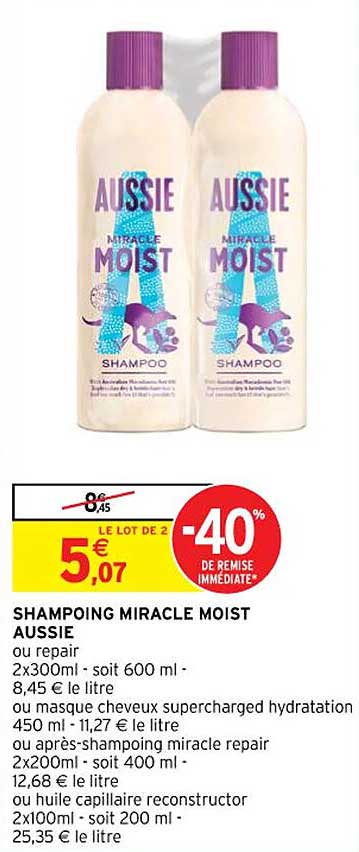 shampoing miracle moist aussie ou repair ou masque cheveux supercharged hydratation ou après-shampoing miracle repair ou huile capillaire reconstructor