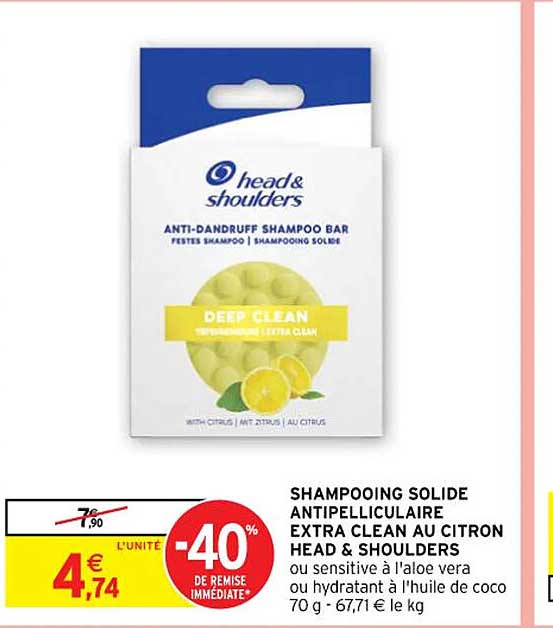 shampooing solide antipelliculaire extra clean au citron head & shoulders ou sensitive à l'aloe vera ou hydratant à l'huile de coco