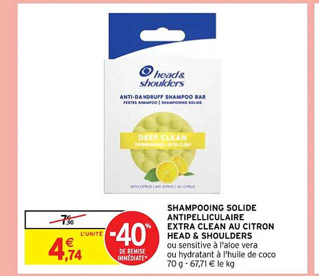 shampooing solide antipelliculaire extra clean au citron head & shoulders ou sensitive à l'aloé vera ou hydratant à l'huile de coco