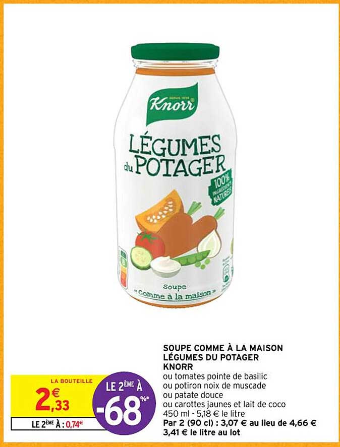 soupe comme à la maison légumes du potager knorr ou tomates pointe de basilic ou potiron noix de muscade ou patate douce ou carottes jaunes et lait de coco
