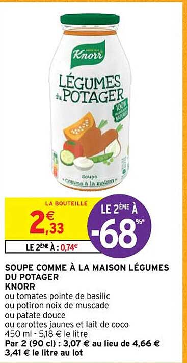 soupe comme à la maison légumes du potager knorr ou tomates pointe de basilic ou potiron noix de muscade ou patate douce ou carottes jaunes et lait de coco