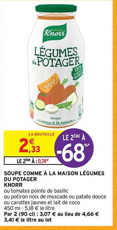 soupe comme à la maison légumes du potager knorr ou tomates pointe de basilic ou potiron noix de muscade ou patate douce ou carottes jaunes et lait de coco